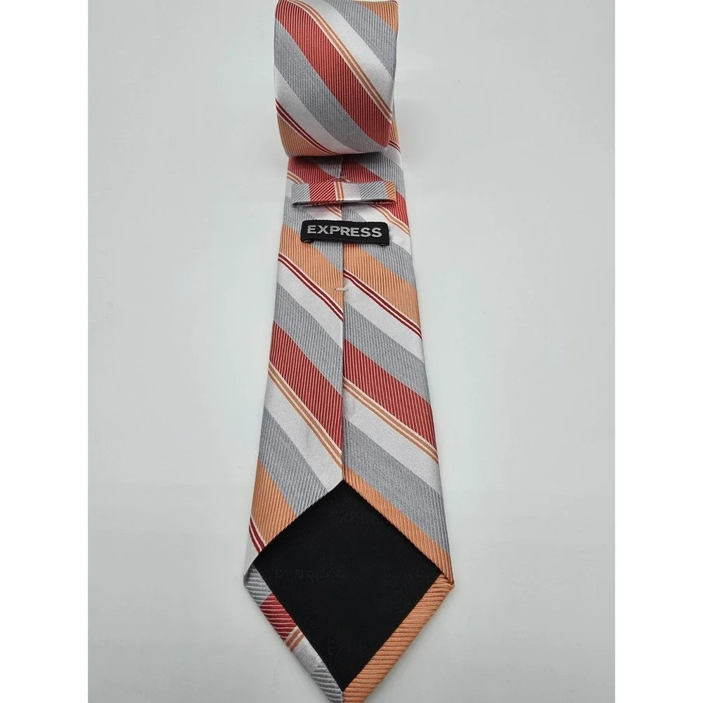Express Orange Red Silver White Striped Necktie Silk Tie 58